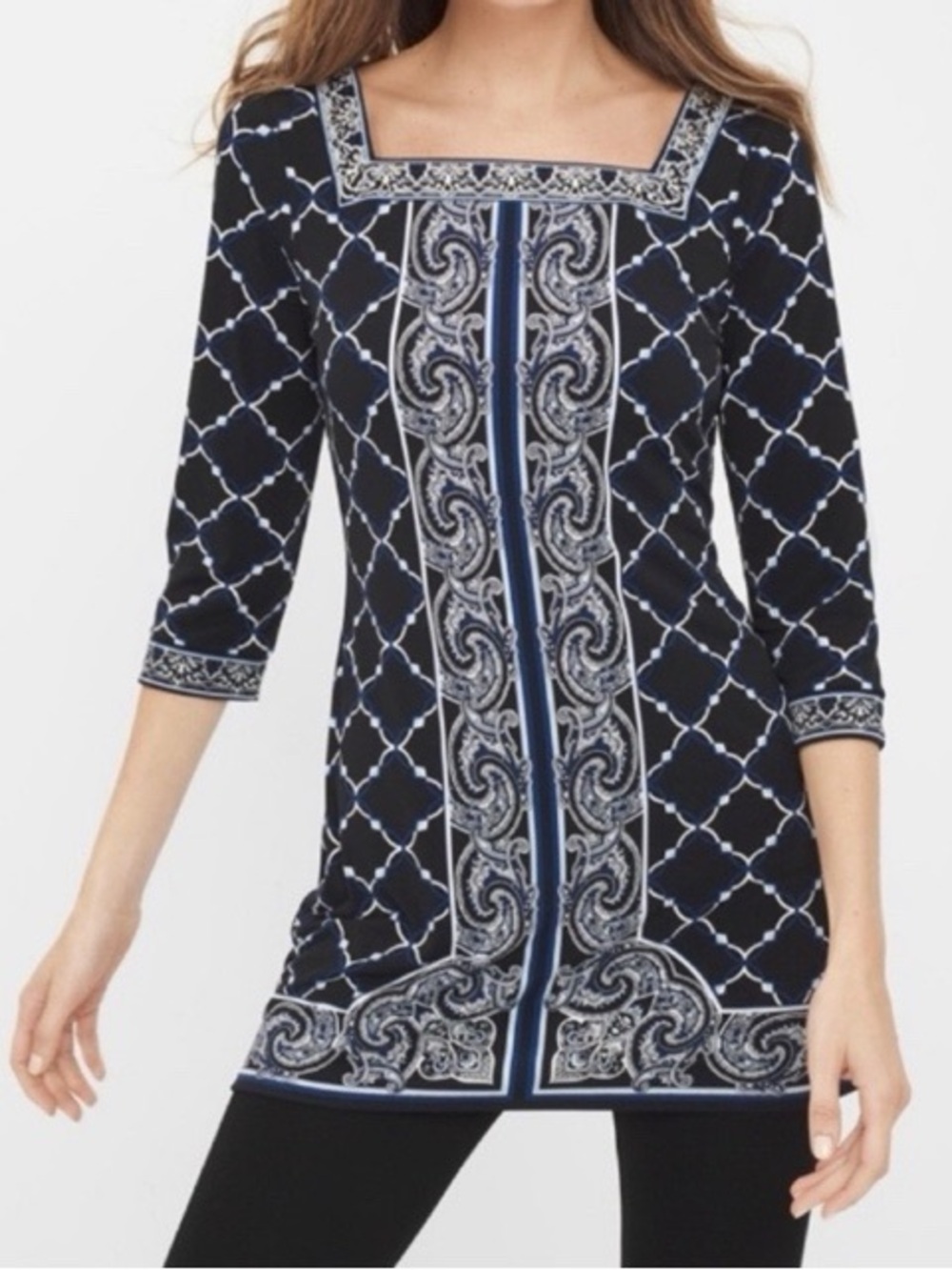 White House Black Market Embroidered Square Neck Tunic Top
